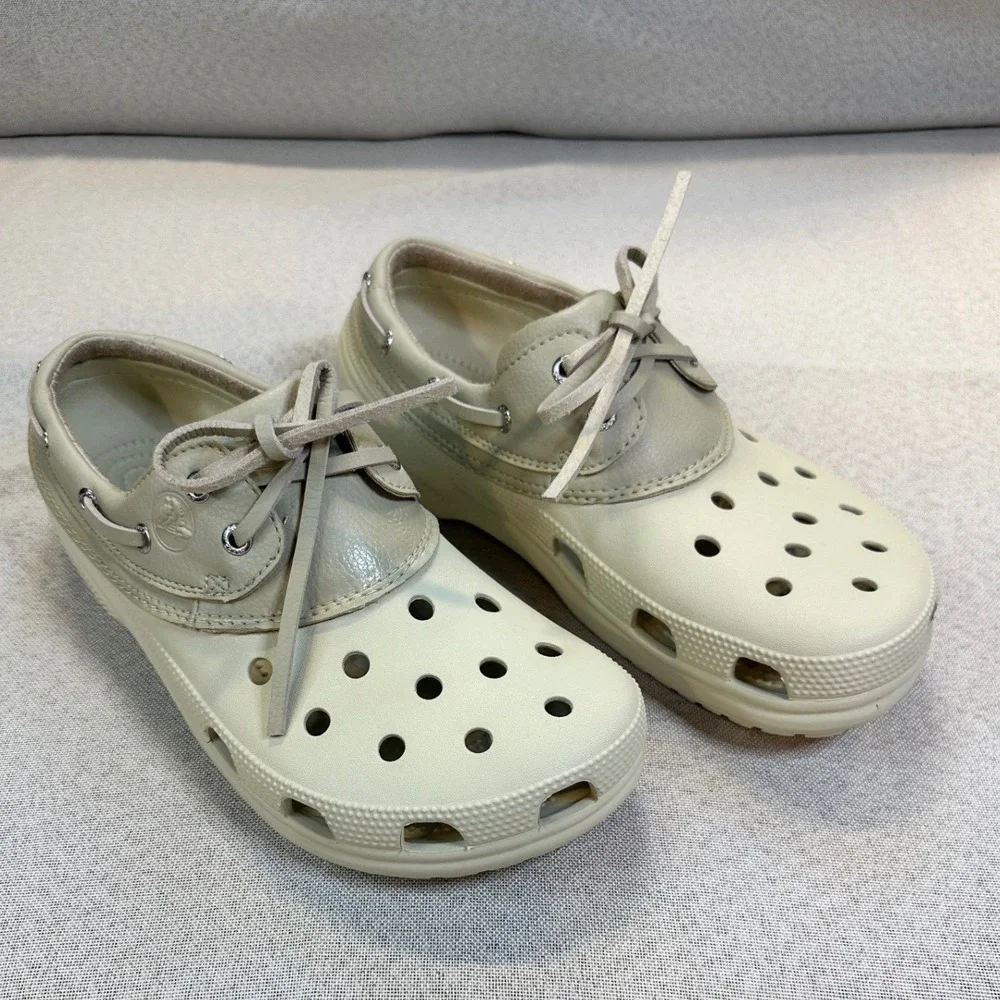 Crocs Beach Line Boat Shoe Mens 10 Womens 12 Tan Leather Classic Preppy Nautical